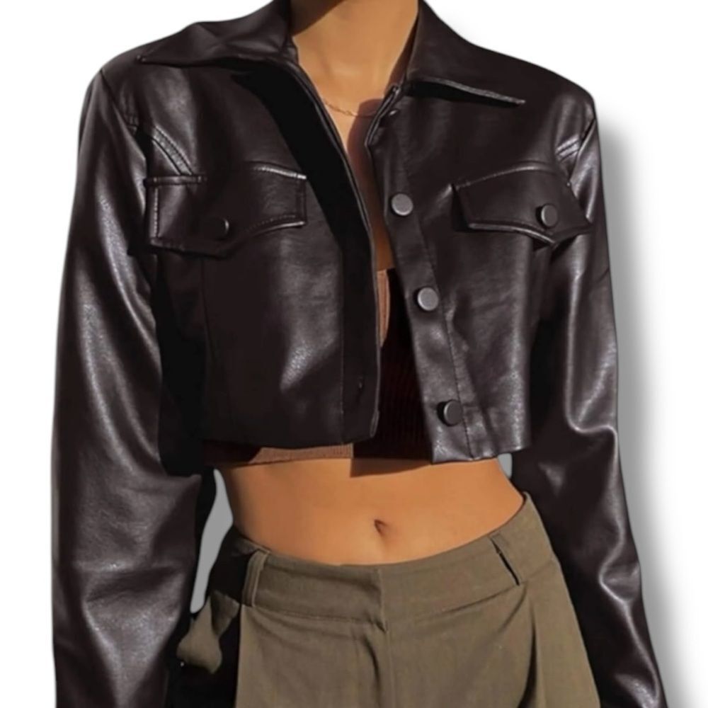 Black Leather Long Sleeve Button Down Cropped Jacket NEW - Picture 3 of 5